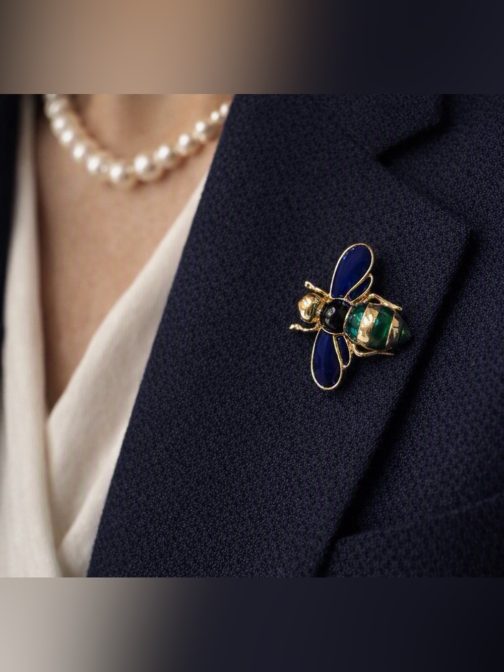 Vintage Decorative Blue & Green Bee Brooch with gold accents
